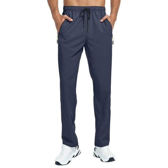 Dresfit Athletic Sweatpants Men Quick Dry Waterproof Pants Elastic Waist Big and Tall Hiking Joggers Straight Leg Water Resistant Jogging Trousers with Zipper Pockets Dark Blue L