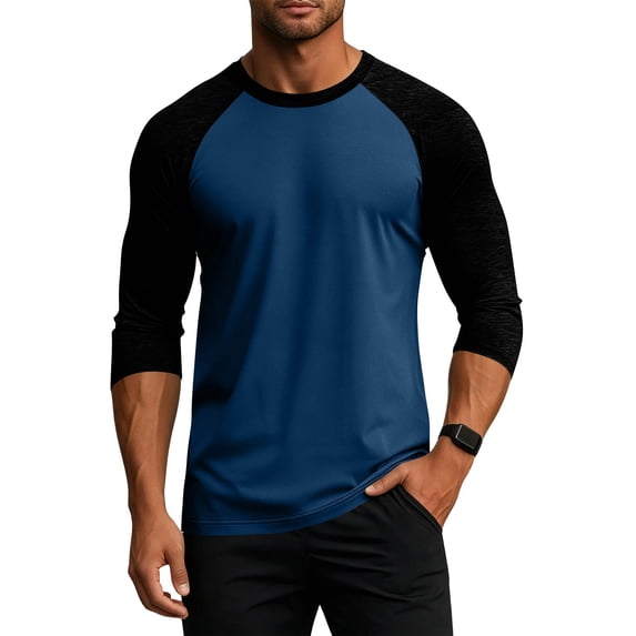 Dresfit Mens Baseball Tee Crew Neck 3/4 Sleeve Raglan Shirts 2026 Lightweight Vintage T Shirts Colorblock Loose Fit Lightweight Casual Tops Dark Blue