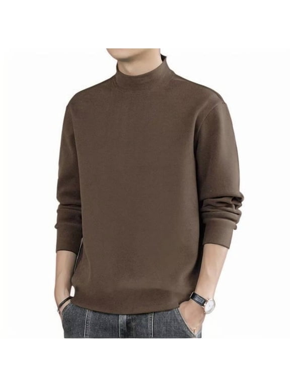 Mens Big and Tall Sweater Winter Knitted Sweaters High Neck Long Sleeve Crew Neck Thermal Underwear Solid Color Thick Oversized Wool Pullover Sweaters Coffee M