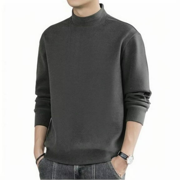 Dresfit Mens Big and Tall Sweater Winter Knitted Sweaters Turtleneck Long Sleeve Solid Color Thermal Underwear Crew Neck Thick Thermal Wool Shirts Dark Gray L