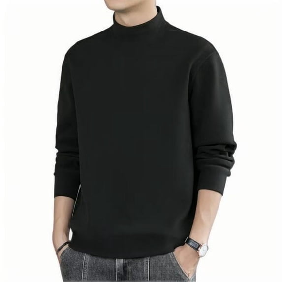 Dresfit Mens Big and Tall Sweaters Winter Knitted Sweater Half High Neck Long Sleeve Solid Color Thermal Underwear Crew Neck Lightweight Oversized Wool Pullover Sweaters Black L