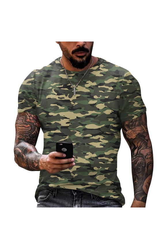 Mens Camo Shirt Crew Neck Camouflage Work Out T Shirts Short Sleeve Relaxed Fit Lightweight Tennis Tops Cotton Basic Tees Green L