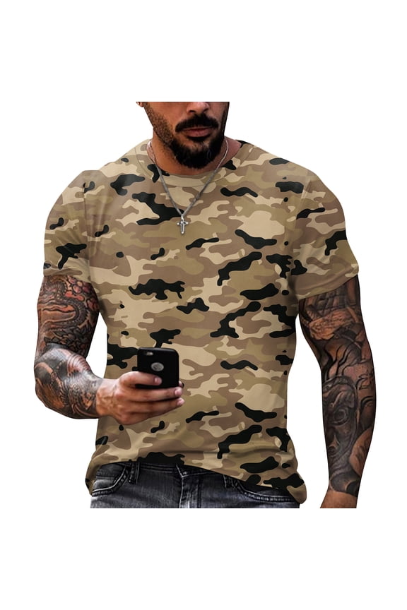 Mens Camo Shirts Short Sleeve Crew Neck Athletic Tops Camouflage Big and Tall Musle Work Out Tees Lightweight Relaxed Fit T Shirts Light Brown 6XL