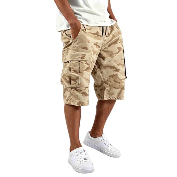 Dresfit Mens Camo Shorts Long Drawstring Cargo Shorts 2026 Summer Stretch Work Cropped Pants Loose Knee Length Camouflage Hiking Bermuda Shorts M