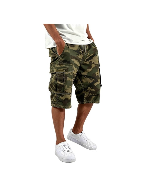 Mens Cargo Shorts Long Drawstring Camo Shorts Summer 2026 Loose Outdoor Carpenter Shorts Baggy Knee Length Wide Leg Athletic Bermuda Shorts XL