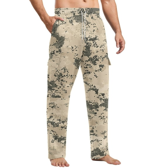 Dresfit Mens Cargo Sweatpants Open Bottom Winter Camo Straight Leg Baggy Joggers Cotton Drawstring Yoga Pants Autumn Loose Wide Leg Sweat Pants Beige 2XL