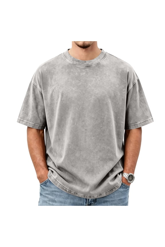 Mens Denim Shirt Crew Neck Acid Wash Beach Streetwear Summer 2026 Short Sleeve Relaxed Fit Loose Fit Work Out T Shirts Retro Baggy Tees Gray 3XL