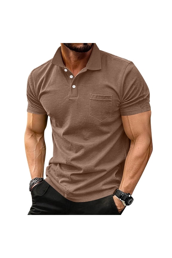 Mens Dress Shirts Collared Button Down Tennis T Shirts Short Sleeve Lightweight Cotton Golf Tops Loose Patchwork Tees Brown L