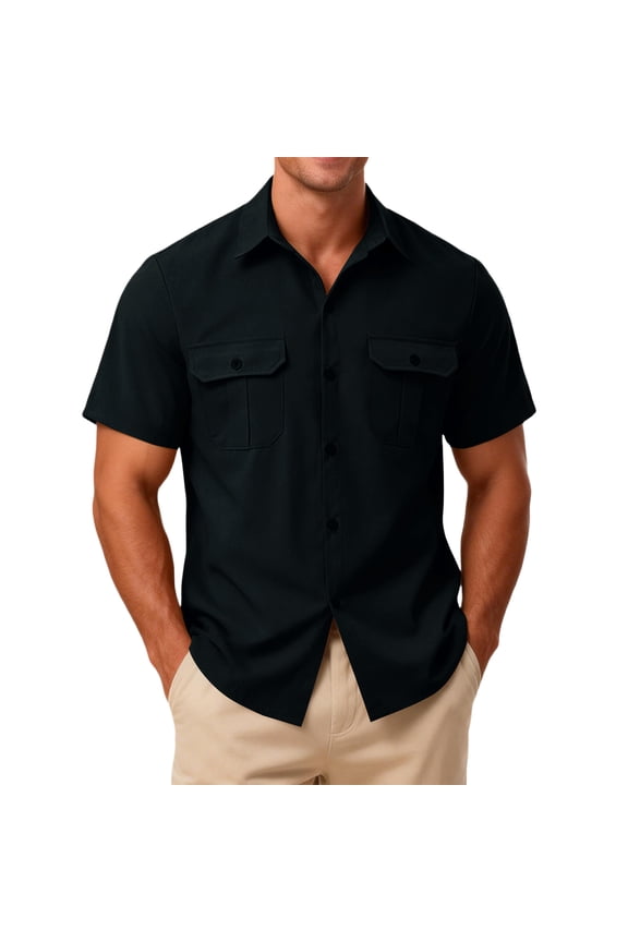 Mens Dress Shirts Short Sleeve Button Down Tennis Tops Solid Basic Cotton Business Tees Loose Lightweight T Shirts Black M