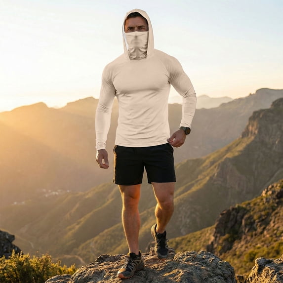 Dresfit Mens Fishing Shirts Cooling Hooded Sun Shirt 2026 Summer Long Sleeve Workout Pullover Sun Protection Muscle Hiking Hoodies with Face Mask Beige L