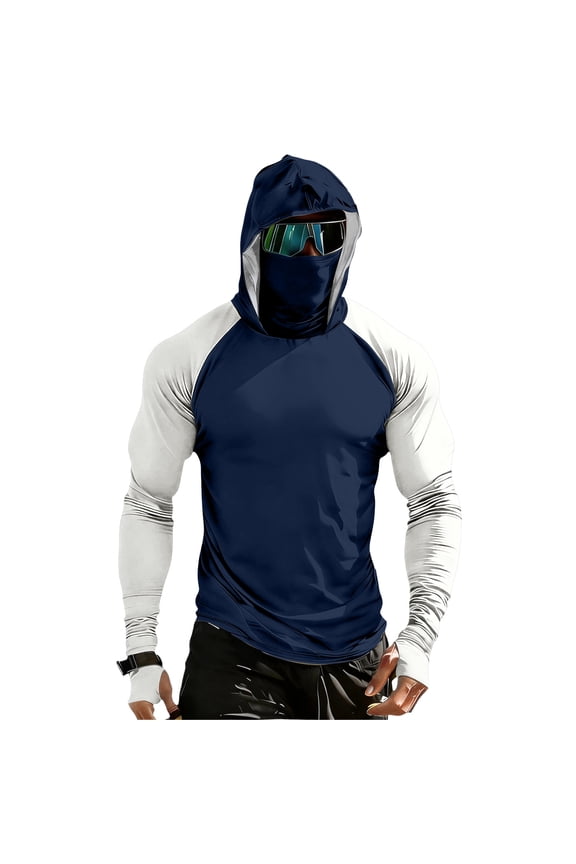 Mens Fishing Shirts Muscle Hooded Sun Shirt 2026 Summer Long Sleeve Workout Hoodies Cooling Upf 50+ Outdoor Pullover with Face Mask Royal Blue 2XL