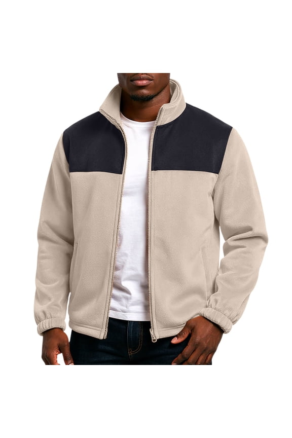 Mens Fleece Jacket Polar Fleece Patchwork Jackets Fall Winter Knit Mock Neck Full Zip Running Coats Polar Fleece Warm Long Sleeve Cardigan Khaki 3XL