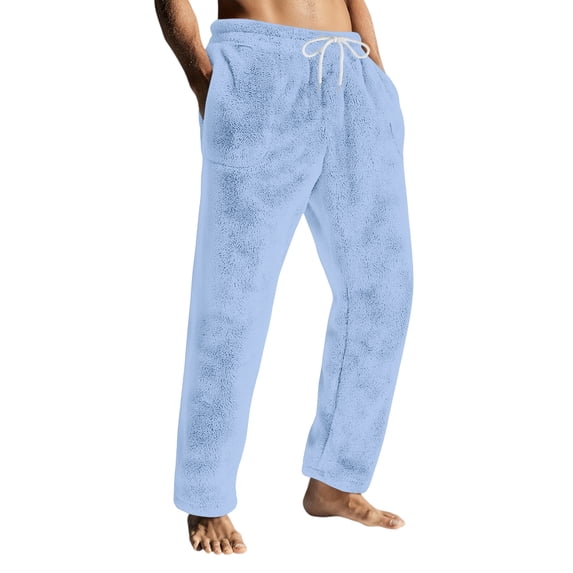 Dresfit Mens Fuzzy Pajama Pants Fall Flannel Pajamas Fleece Lined Pant Fluffy Thick Plush Solid Color Bottoms Warm Lounge Drawstring Sleepwear with Pockets Sky Blue 2XL