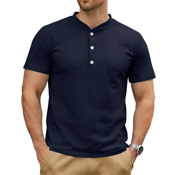Dresfit Mens Henley Shirt Big and Tall Short Sleeve Button Down Shirts Summer 2026 Stretch Workout Shirt Basic Loose Fit Solid T Shirts Navy L