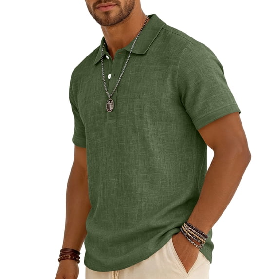 Dresfit Mens Henley Shirts Cotton Linen Polo Shirt 2026 Summer Short Sleeve Button Down Basic Tops Big and Tall Button Up Lightweight Vintage T Shirts Army Green S