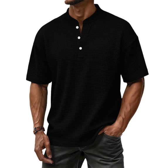 Dresfit Mens Henley Shirts Waffle Short Sleeve Breathable Shirt Summer 2026 Solid Workout T Shirts Big and Tall Lightweight Oversized Shirt Black 3XL