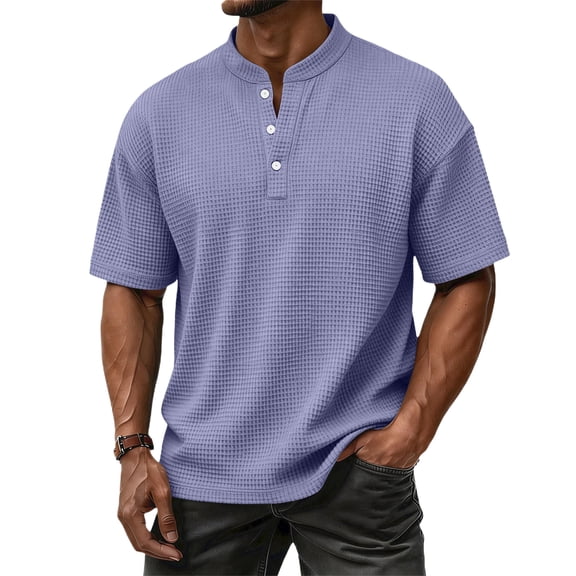 Dresfit Mens Henley Shirts Waffle Short Sleeve Business T Shirts Button Down Relaxed Fit Big and Tall Golf Tops Cotton Loose Shirt Light Purple S