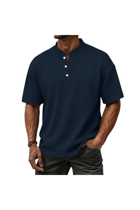 Mens Henley Shirts Waffle Short Sleeve Knitted Shirt Summer 2026 Basic Athletic Shirt Big and Tall Oversized Loose Fit T Shirts Navy XL