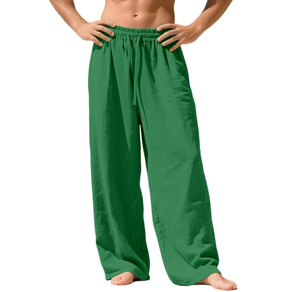 Dresfit Mens Linen Pants Wide Leg Lounge Pants Spring 2026 Big and Tall Straight Leg Loungewear with Back Pockets Baggy Open Bottom Elastic Waist Travel Pant Green S