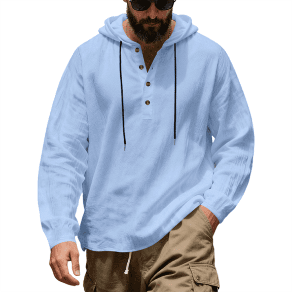 Dresfit Mens Linen Shirts Button Down Henley Shirts Spring Summer Lightweight Hawaiian Tops with Hood Drawstring Oversized Button Down Breathable Fashion Light Blue XL