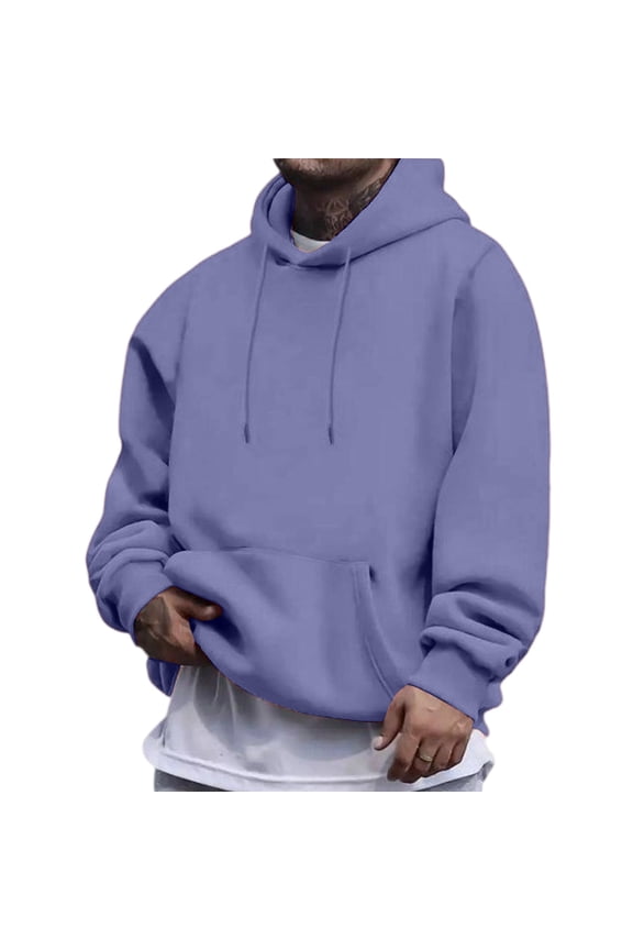 Mens Long Hoodie Kangaroo Pockets Plain Hoodies Fall Winter Solid Oversized Outdoor Pullover Cotton Loose Big and Tall Sweatshirts Light Purple 3XL