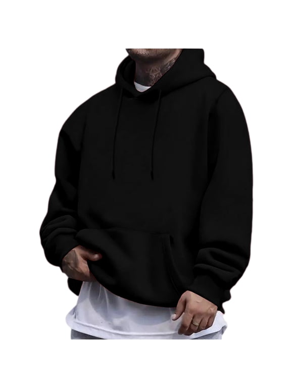 Mens Long Hoodies Drawstring Plain Hoodie Fall Winter Kangaroo Pockets Big and Tall Outdoor Sweatshirts Fleece Hooded Oversized Pullover Black XL
