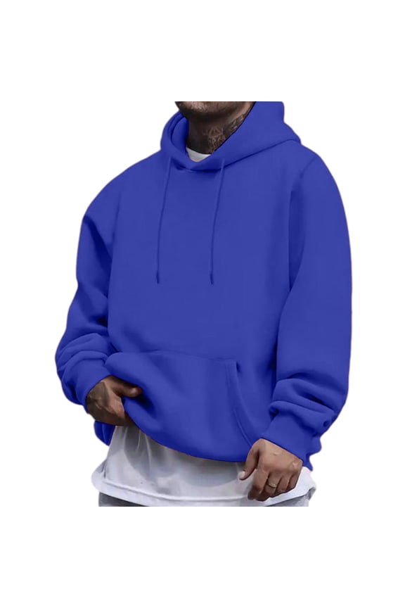 Mens Long Hoodies Drawstring Plain Hoodie Fall Winter Solid Hooded Outdoor Pullover Fleece Big and Tall Loose Sweatshirts Blue 3XL