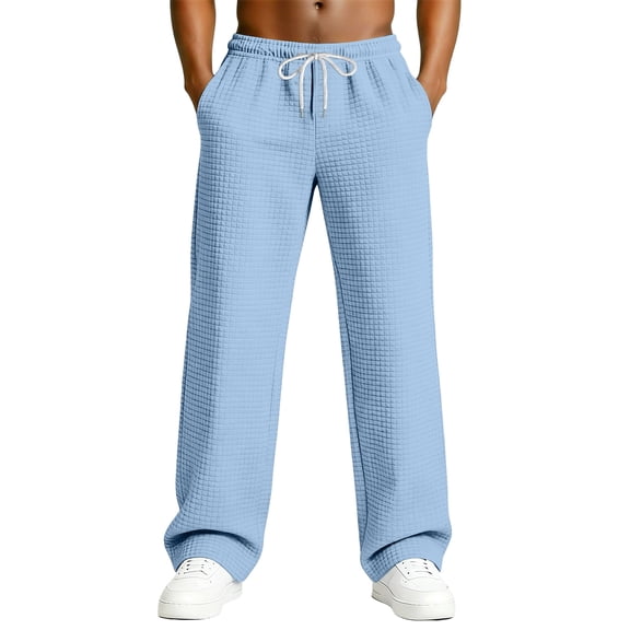 Dresfit Mens Lounge Pants Baggy Wide Leg Sweatpants 2026 Textured Drawstring Waffle Knit Pant Sumemr Solid Elastic Waist Knitted Slacks with Pockets Light Blue L