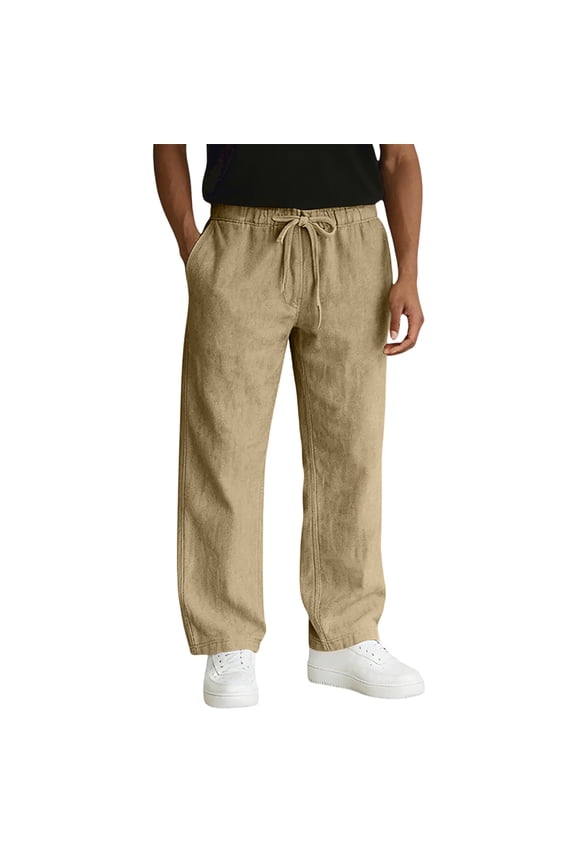 Mens Lounge Pants Linen Wide Leg Pants 2026 Elastic Waist Straight Leg Big and Tall Slacks Drawstring Open Bottom Baggy Yoga Vacation Pant Khaki L