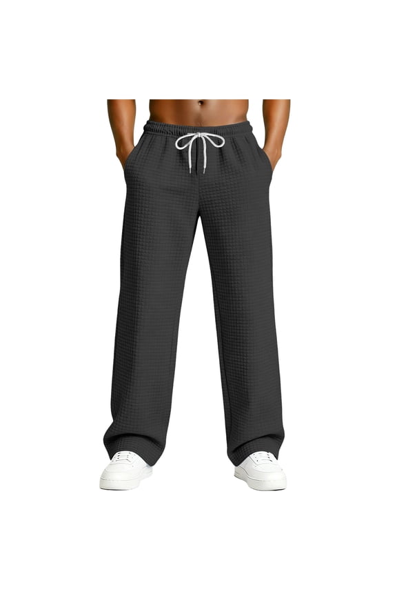 Mens Lounge Pants Wide Leg Baggy Sweatpants 2026 Textured Drawstring Waffle Knit Slacks Sumemr Solid Straight Leg Big and Tall Trousers with Pockets Black L