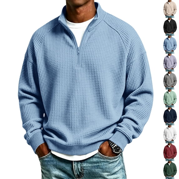Dresfit Mens Mock Neck Sweatshirt Collared Waffle Sweatshirts Winter Long Sleeve Quarter Zip Pullover Knit Collared Loose Fit Shirts L