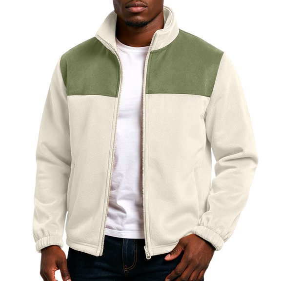 Dresfit Mens Patchwork Jackets Mock Neck Fleece Jacket Casual Tommy Full Zip Color Block Outdoor Loungewear Warm Plus Size Knit Coats Light Green 2XL