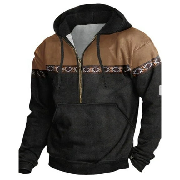 Dresfit Mens Patchwork Sweatshirts Quarter Zip Western Aztec Hoodie Fall Winter Drawstring Kangaroo Hoodies Graphic Graphic Loose Vintage Pullover Black 2XL