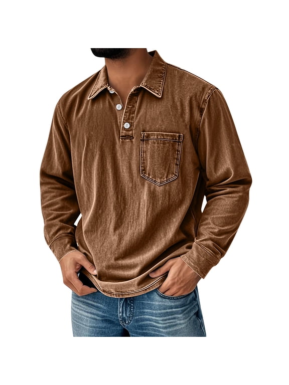 Mens Polo Shirt Lapel Mokaloha Shirts Winter Distressed Long Sleeve Vintage T Shirts Loose Acid Washed Lounge Stand Collar Autumn Tshirts Brown L