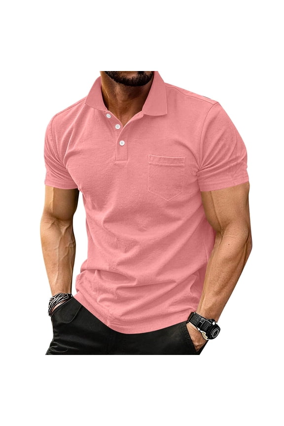 Mens Polo Shirts Button Down Short Sleeve Business Tops Collared Chest Pockets Loose Tennis Tees Cotton Patchwork T Shirts Pink 3XL