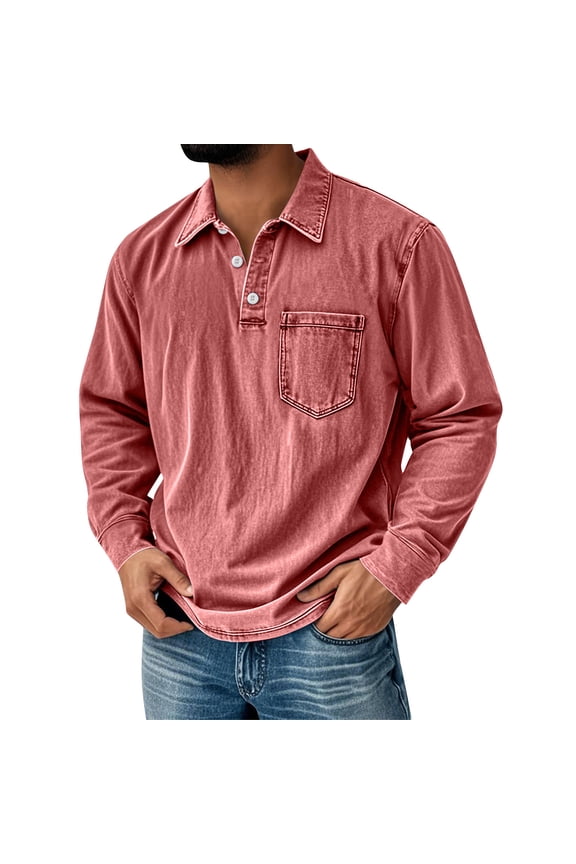 Mens Polo Shirts Long Sleeve Mokaloha Shirt Winter Distressed Lapel Vintage Tops Lounge Acid Washed Big and Tall Henley Autumn Tshirts Pink 3XL