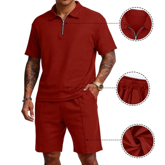 Dresfit Mens Quarter Zip Shirt and Shorts Set Collared Polo Shirts Shorts 2 Piece Outfits Summer 2026 Breathable Waffle Knit Tracksuit XL