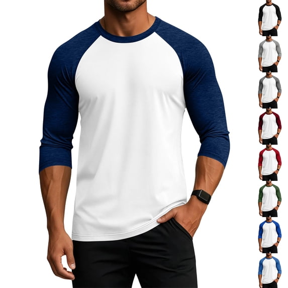 Dresfit Mens Raglan Shirts 3/4 Sleeve Crew Neck Baseball Tee Summer Lightweight Athletic T Shirts Loose Fit Lounge Colorblock Casual Tops Dark Blue
