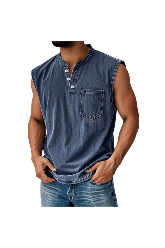 Mens Shirts Henley Distressed Denim Tank Tops Summer 2026 Sleeveless Washed Running Tees Lightweight Relaxed Fit Button Up Athletic Shirt Navy XL