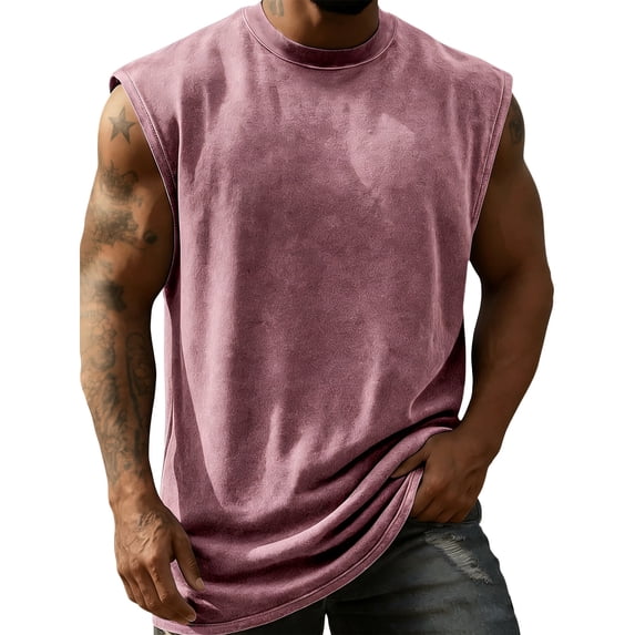 Dresfit Mens Shirts Sleeveless Washed Cut Off Tank Tops Crew Neck Distressed Active Shirt Summer 2026 Oversized Big and Tall Oversized Workout Basic Tees Pink XL