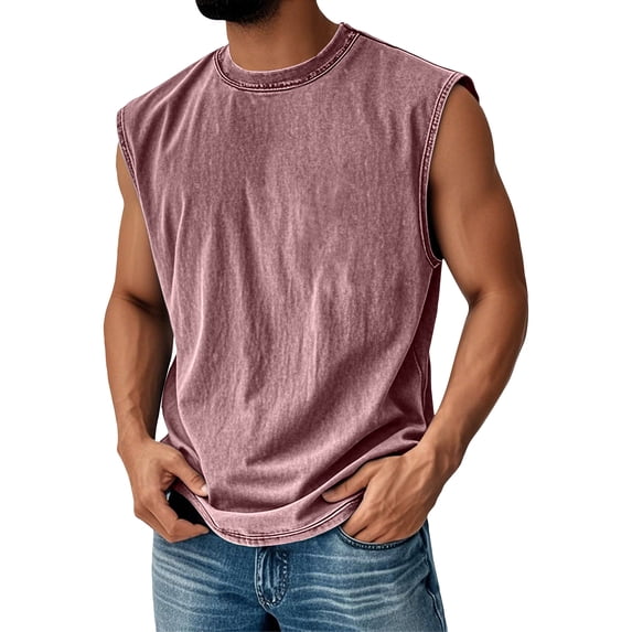Dresfit Mens Shirts Sleeveless Washed Cut Off Tank Tops Crew Neck Distressed Gym Basic Tees Summer 2026 Muscle Fit Loose Solid Color Workout Shirt Pink 2XL