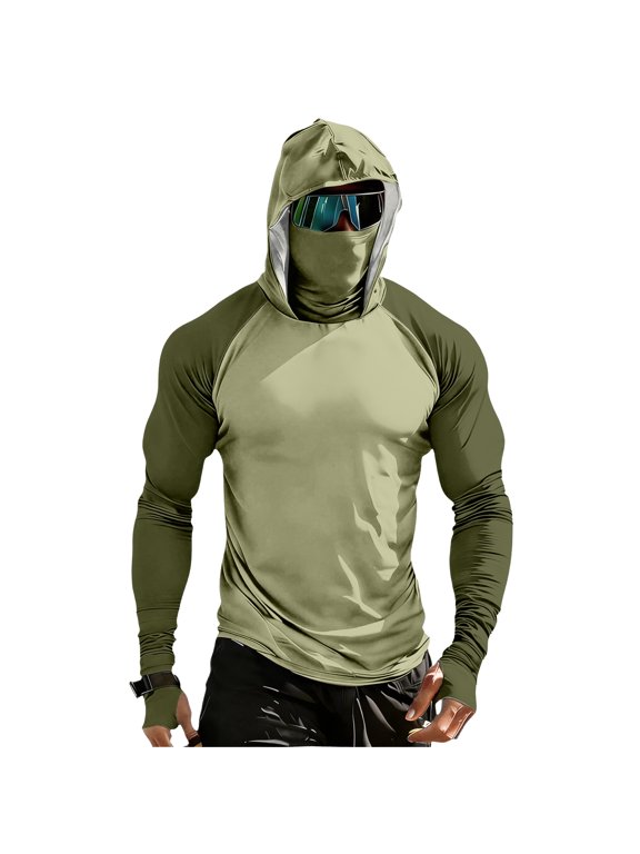 Mens Sun Shirts Muscle Long Sleeve Fishing Shirt 2026 Summer Hooded Hiking Hoodies Big and Tall Sun Protection Outdoor Pullover with Face Mask Light Green 3XL