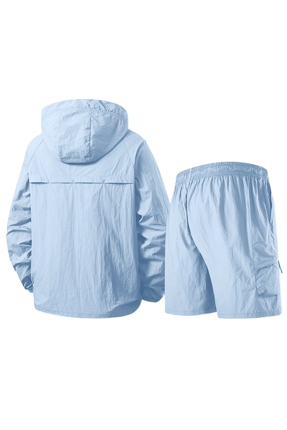 Mens Sweatsuits Lightweight Hooded Zip Up Jacket & Shorts Outfits 2026 Long Sleeve Summer Upf 50+ Hiking Sun Hoodie with Zipper Light Blue 2XL