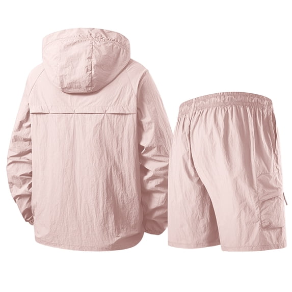 Dresfit Mens Sweatsuits Lightweight Long Sleeve Hooded Sun Hoodie & Shorts Outfits 2026 Zip Up Summer Upf 50+ Running Jacket with Zipper Pink 3XL