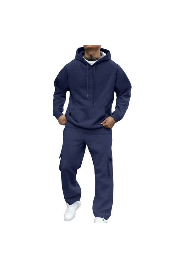 Mens Sweatsuits Sets Winter Big and Tall Drawstring Sweatpants and Hoodies Set Plain Solid Gym Tracksuits 2025 2 Piece Set Athletic Jogging Suit Navy #5 Polyseter