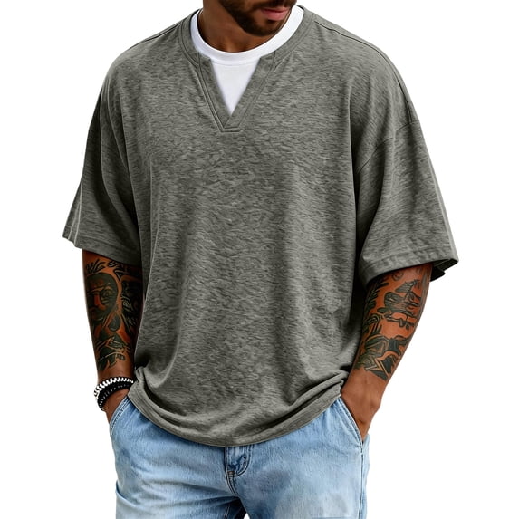 Dresfit Mens T Shirts Oversized Short Sleeve Henley Shirts 2026 Summer V Neck Basic Shirt Breathable Big and Tall Loose Fit Tops 2XL