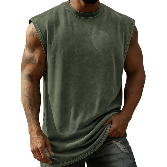 Dresfit Mens Tank Tops Cut Off Washed Sleeveless Shirts Distressed Crew Neck Gym Shirt 2026 Summer Oversized Loose Muscle Fit Athletic Basic Tees Army Green 3XL