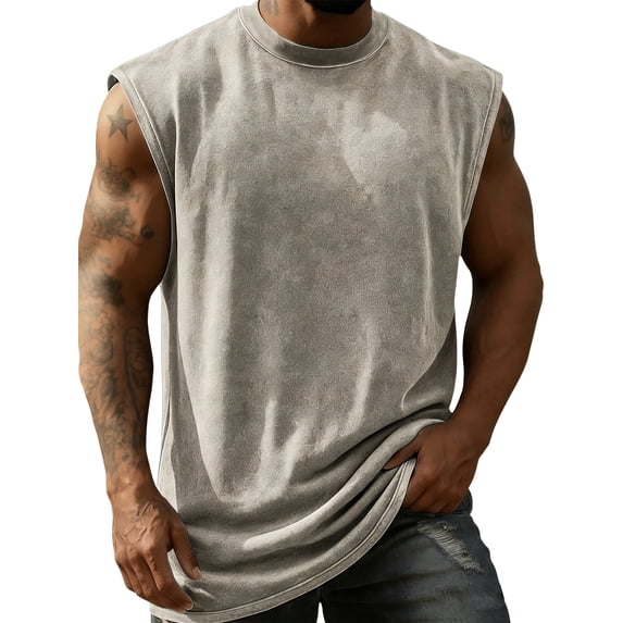 Dresfit Mens Tank Tops Sleeveless Washed Cut Off Shirts Crew Neck Distressed Athletic Basic Tees Summer 2026 Big and Tall Oversized Solid Color Workout T Shirts Khaki L