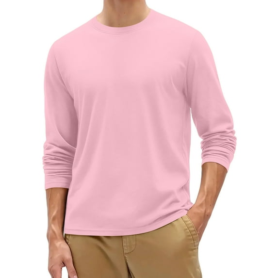 Dresfit Mens Thermal Shirts Solid Color Big and Tall Tshirts 2025 Lightweight Crew Neck Long Sleeve Muscle Shirt Fall Loose Fit Slim Fit Button Pullover Tops Pink S