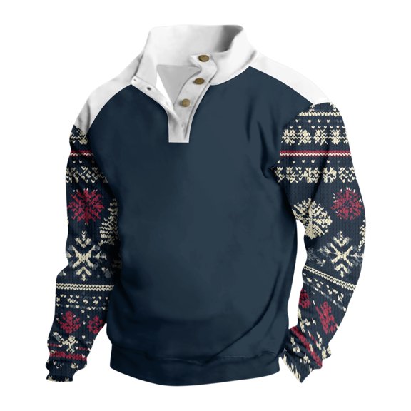 Dresfit Mens Ugly Christmas Sweater Button Stand Collar Xmas Cotton Sweaters Winter Color Block Long Sleeve Sweatshirts Festive Fun Pullover Navy L